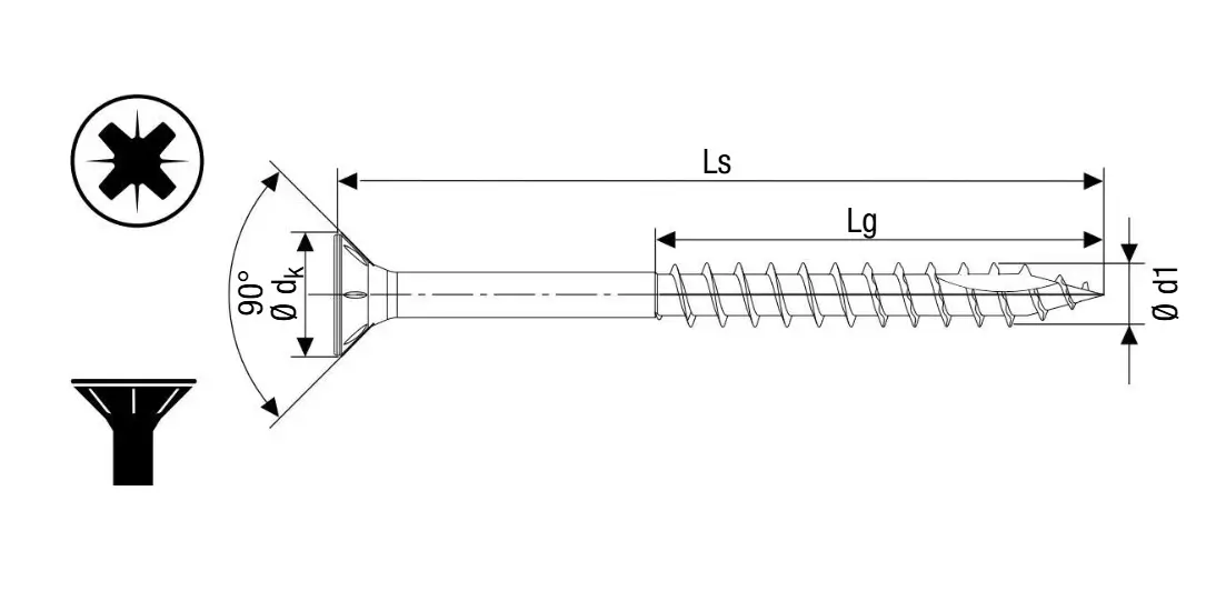 Technical line drawing of SPEEDpoint performance wood screws